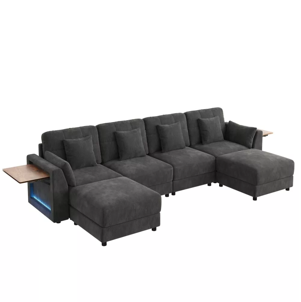 Canapé modulable u/l, 2 poufs, led, table pliante