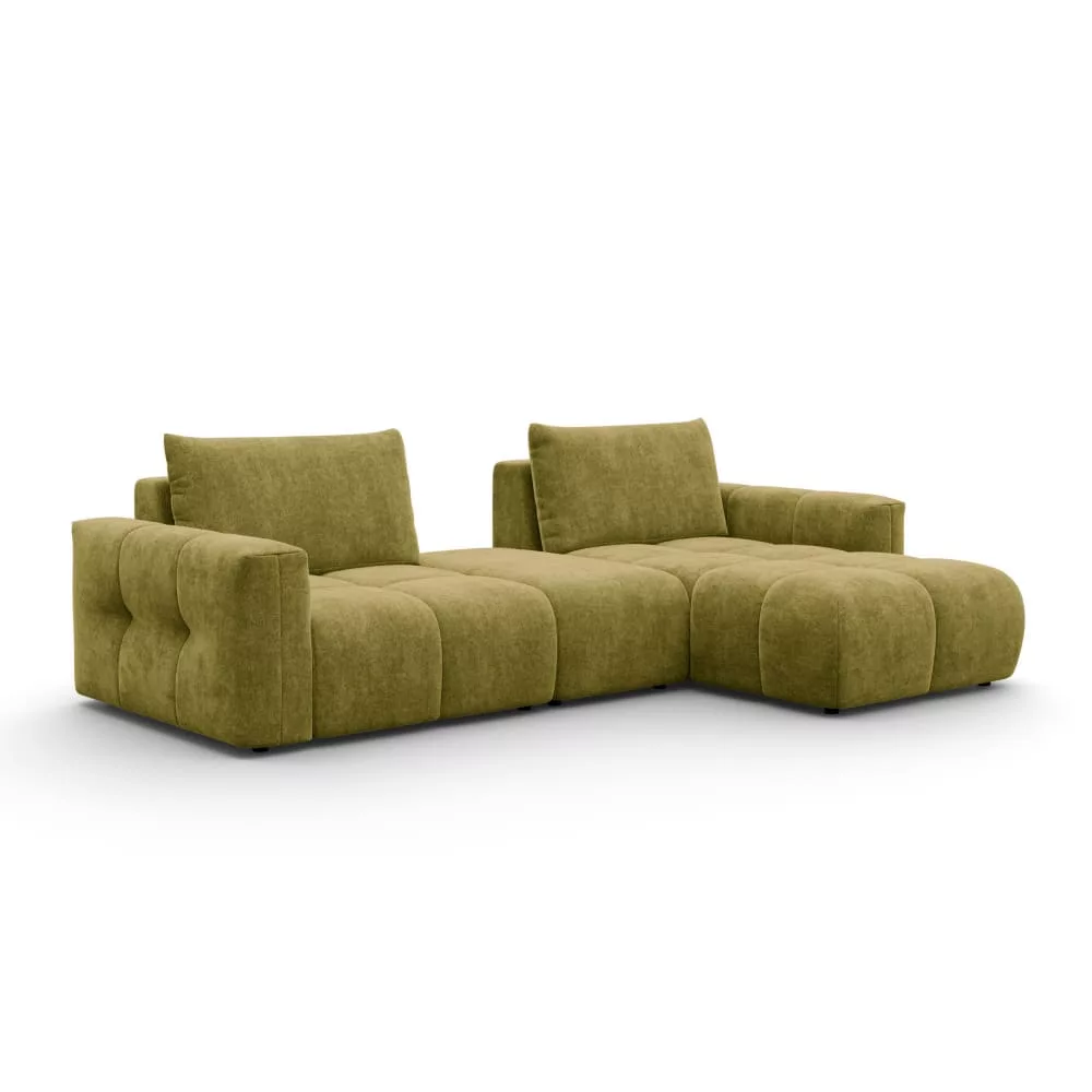 Canapé d'angle 4 places avec pouf, tissu khaki