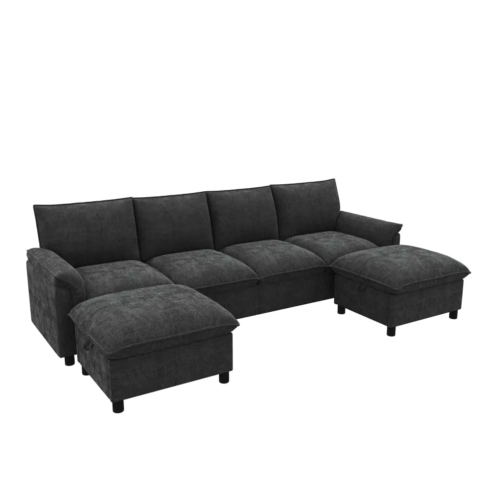 Canapé d'angle en chenille avec 2 poufs
