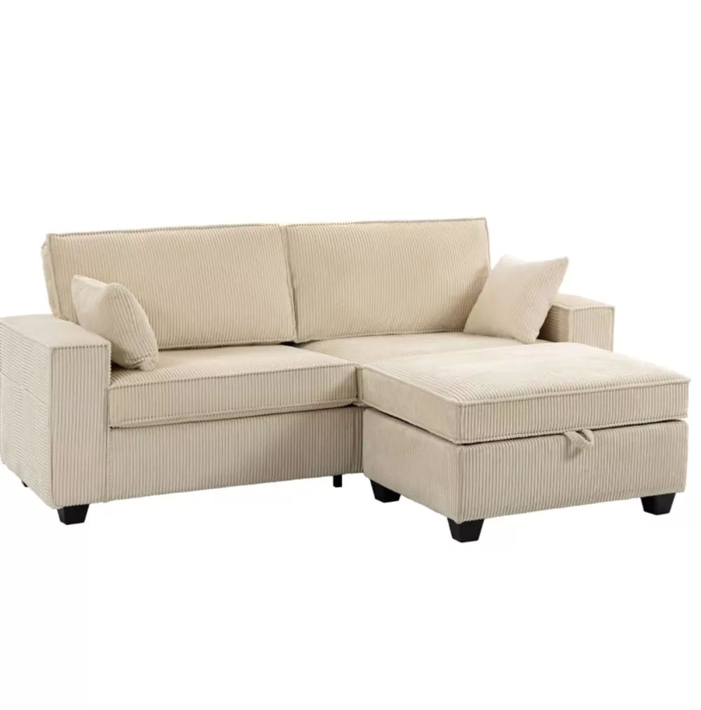 Canapé 3 places en velours polyester côtelé avec pouf coffre
