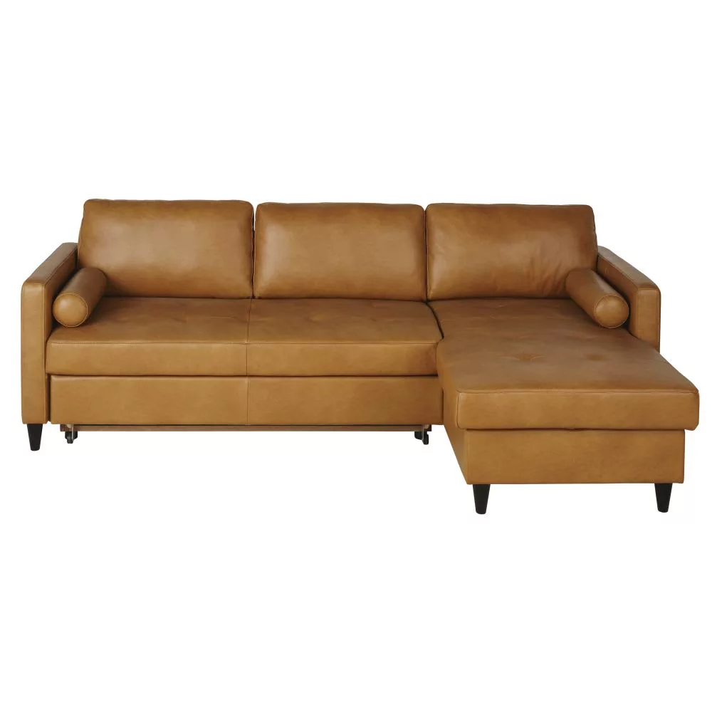 Canapé d'angle convertible 4/5 places en cuir caramel
