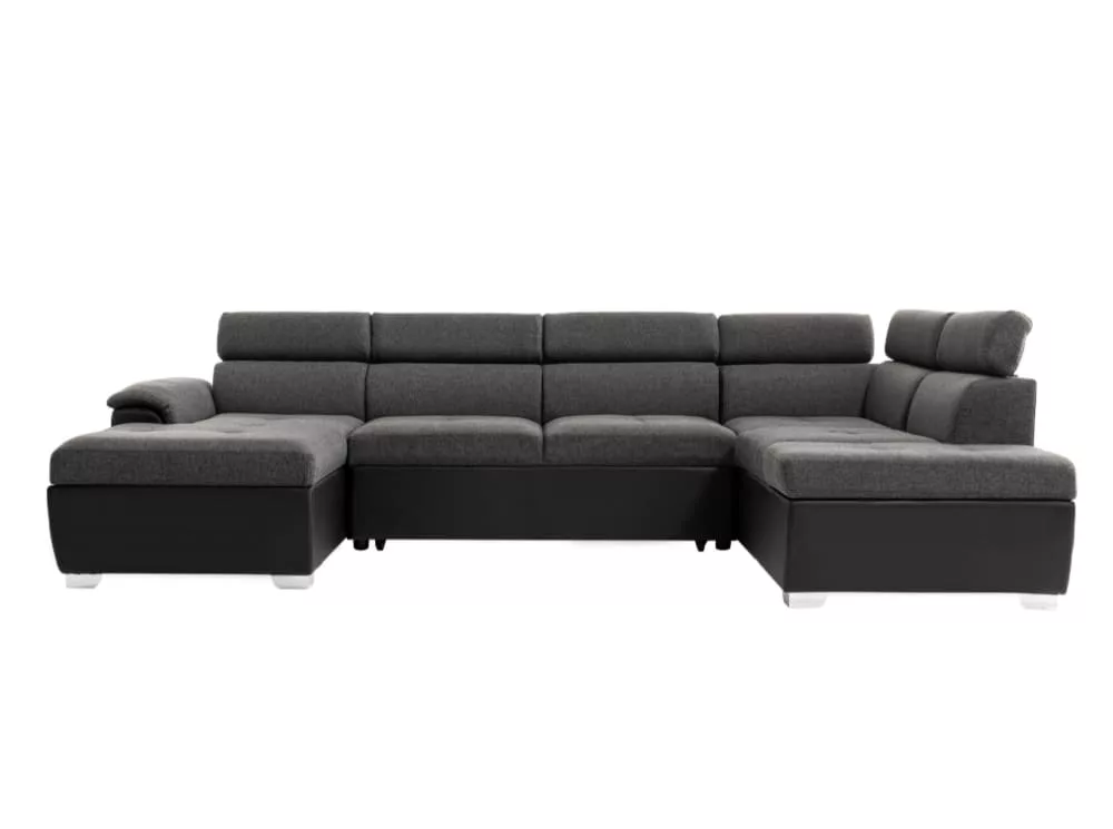 Canapé d'angle panoramique simili/tissu gris/noir – méridienne 196cm