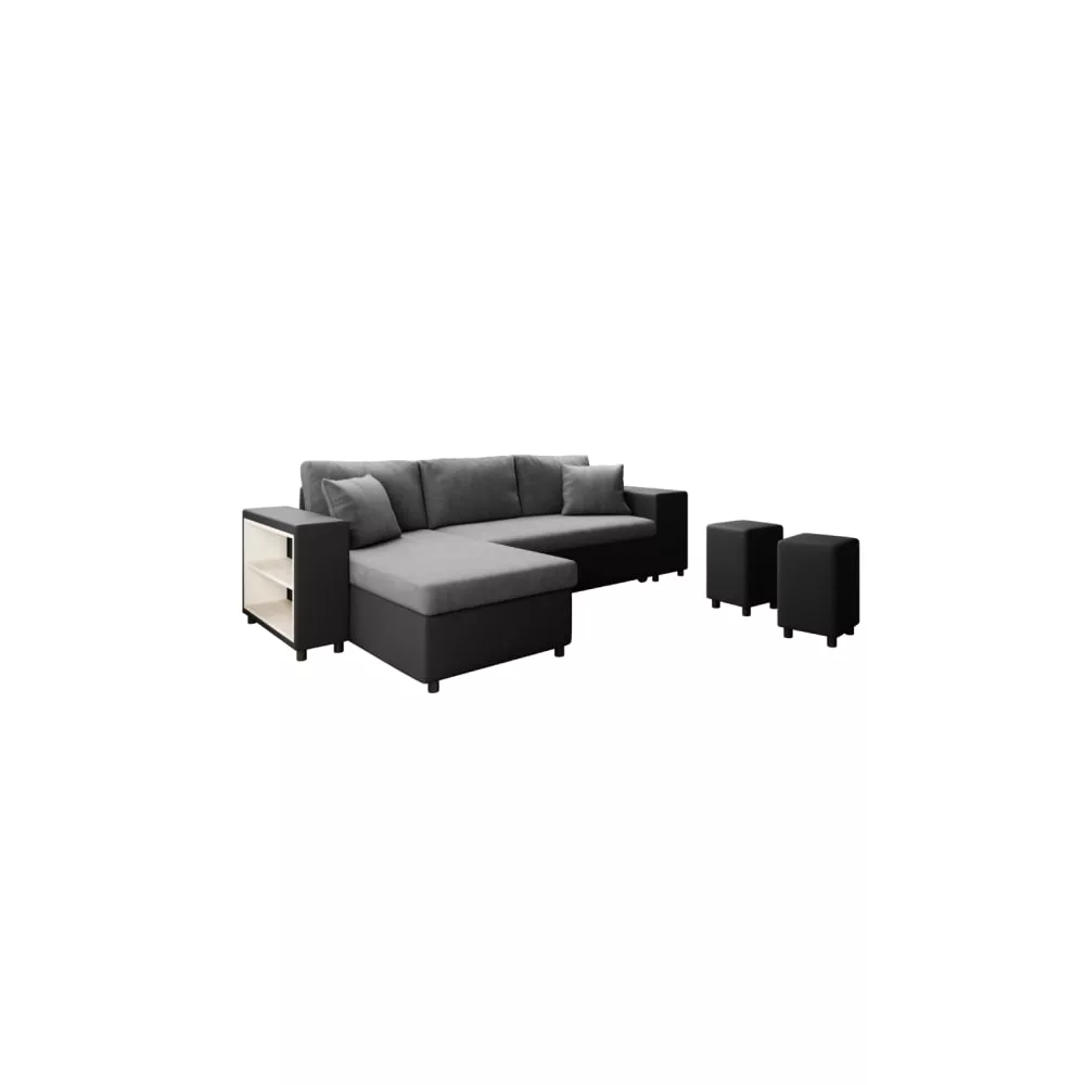 Canapé d'angle convertible et poufs en simili/microfibre