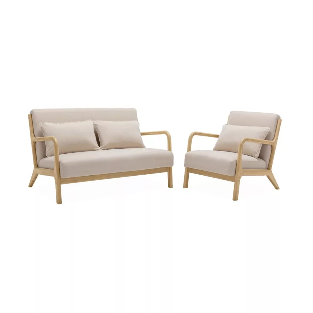 Banquette 2 places + fauteuil bois, tissu