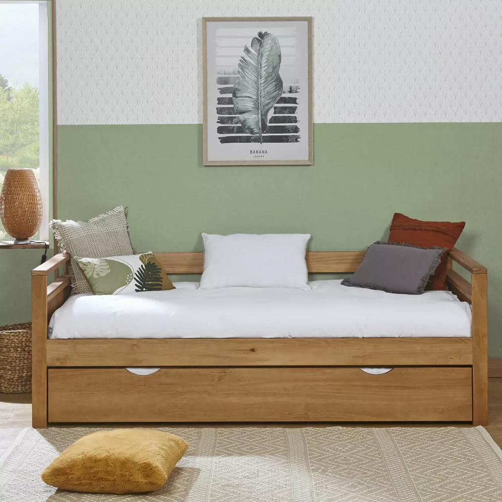 Pack lit banquette gigogne avec matelas bois massif