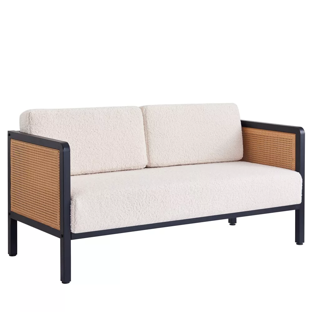Canape 2/3 personnes en cannage et bouclettes blanches