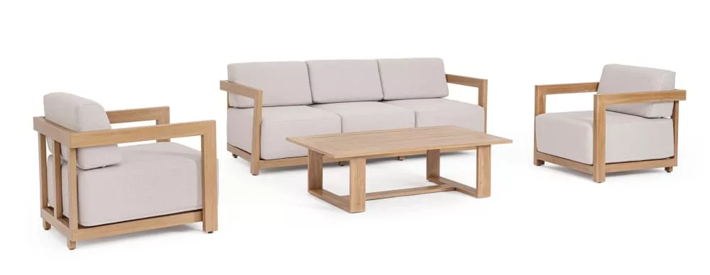 Ensemble salon avec canapé, 2 fauteuils, 1 table basse en aluminium