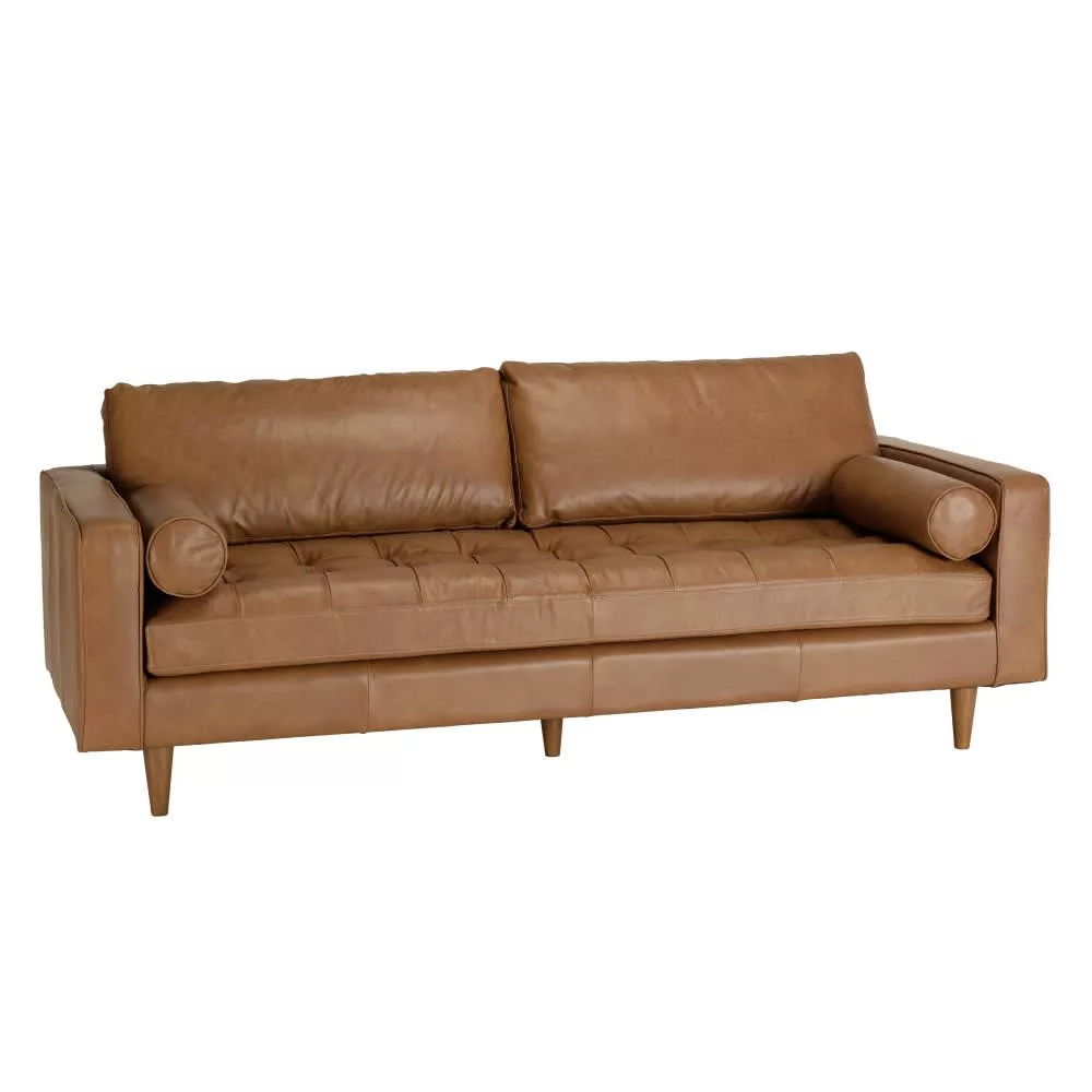 Canapé 3 places cuir caramel assise capitonnée