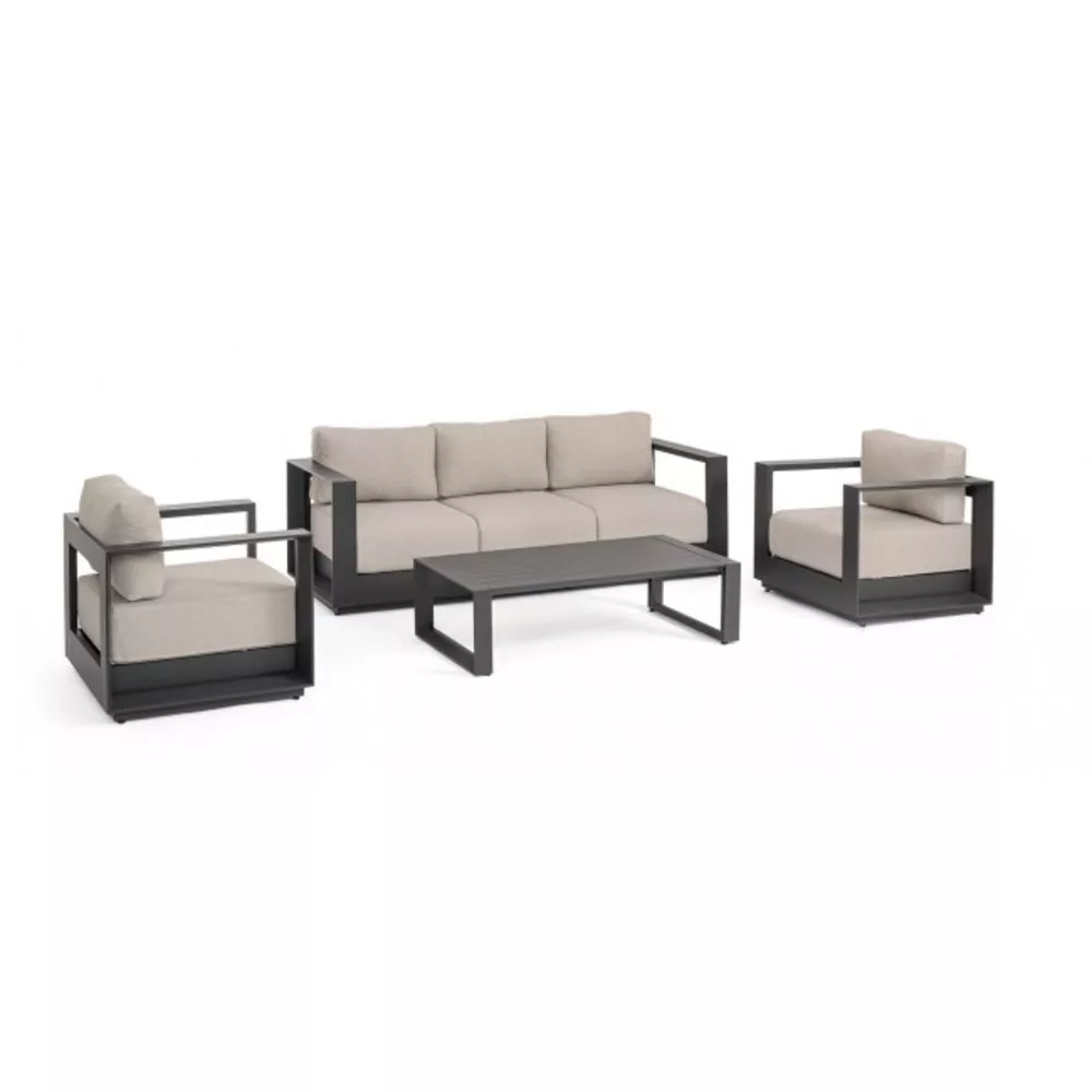 Ensemble salon avec 1 canapé, 2 fauteuils, 1 table basse aluminium