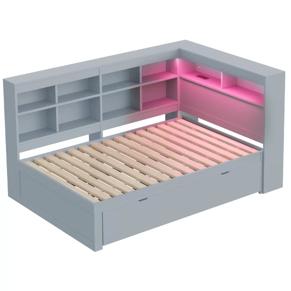Canapé lit double en bois massif avec tiroirs prise USB et LED