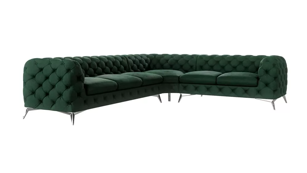 Canapé d’angle Chesterfield en velours, pieds en métal argenté