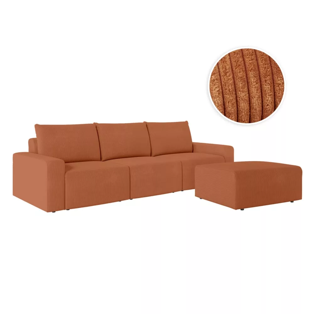 Canapé fixe 3 places et pouf en velours côtelé