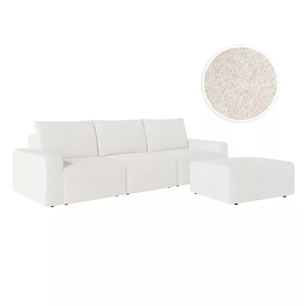 Canapé fixe 3 places avec pouf en tissu bouclette