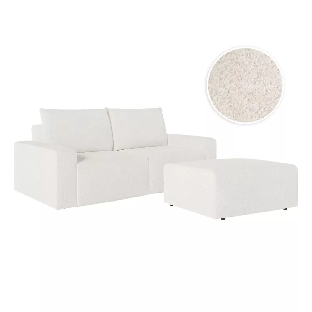 Canapé fixe 2 places avec pouf en tissu bouclette