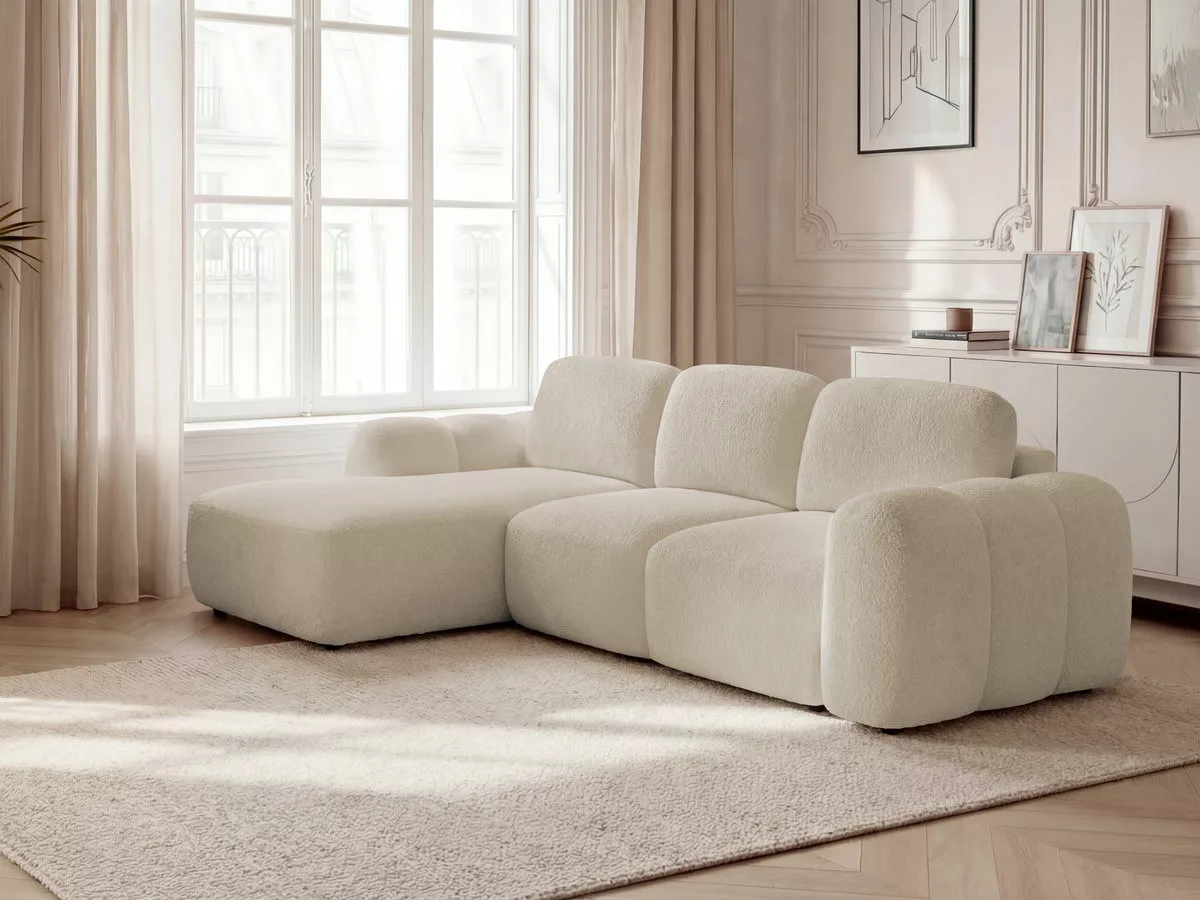Canapé d'angle convertible coffre MONTAIGNE tissu bouclette angle BOBOCHIC 4 places