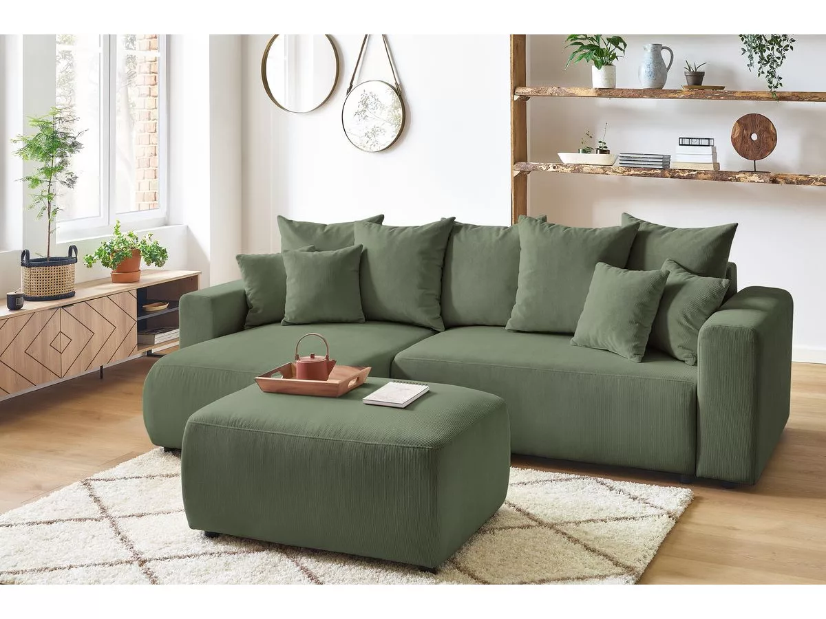 Canapé d'angle réversible convertible coffre ENVY velours côtelé avec pouf BOBOCHIC 4