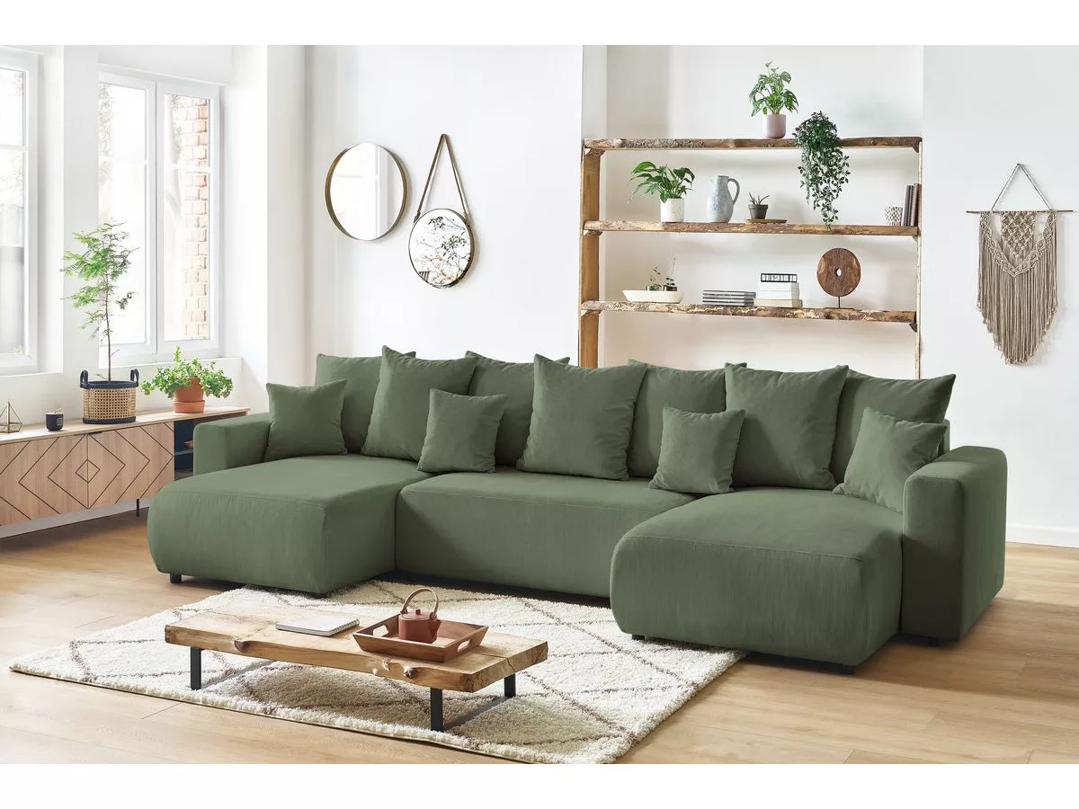 Canapé panoramique convertible coffre ENVY Velours côtelé avec pouf BOBOCHIC 6 places