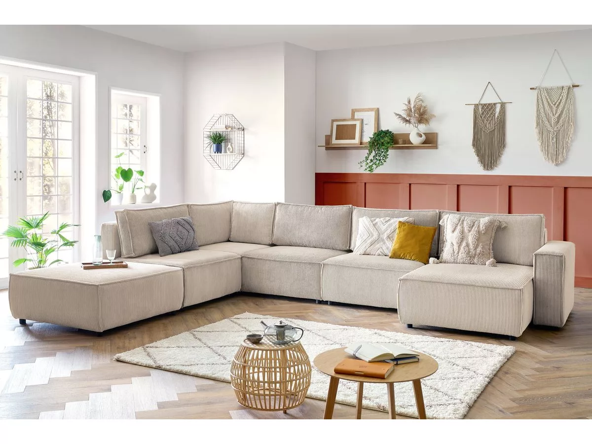 Canapé d'angle fixe modulable XL NIHAD tissu velours côtelé avec pouf angle BOBOCHIC 7