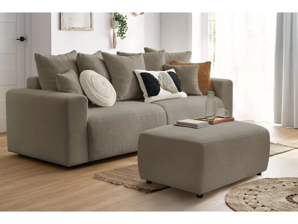 Canapé convertible coffre ENVY tissu bouclette doux avec pouf rectangulaire BOBOCHIC 3