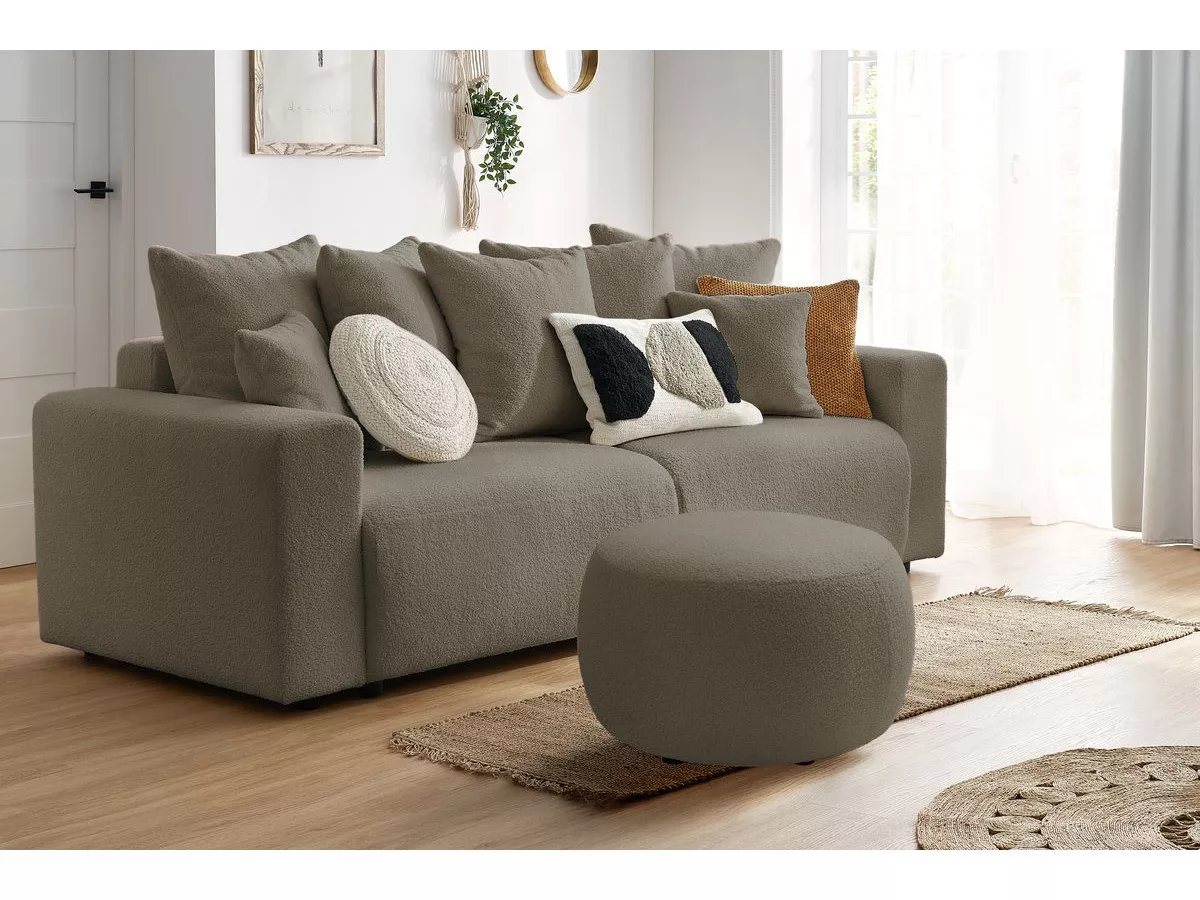 Canapé convertible coffre ENVY tissu bouclette doux avec pouf rond BOBOCHIC 3 places