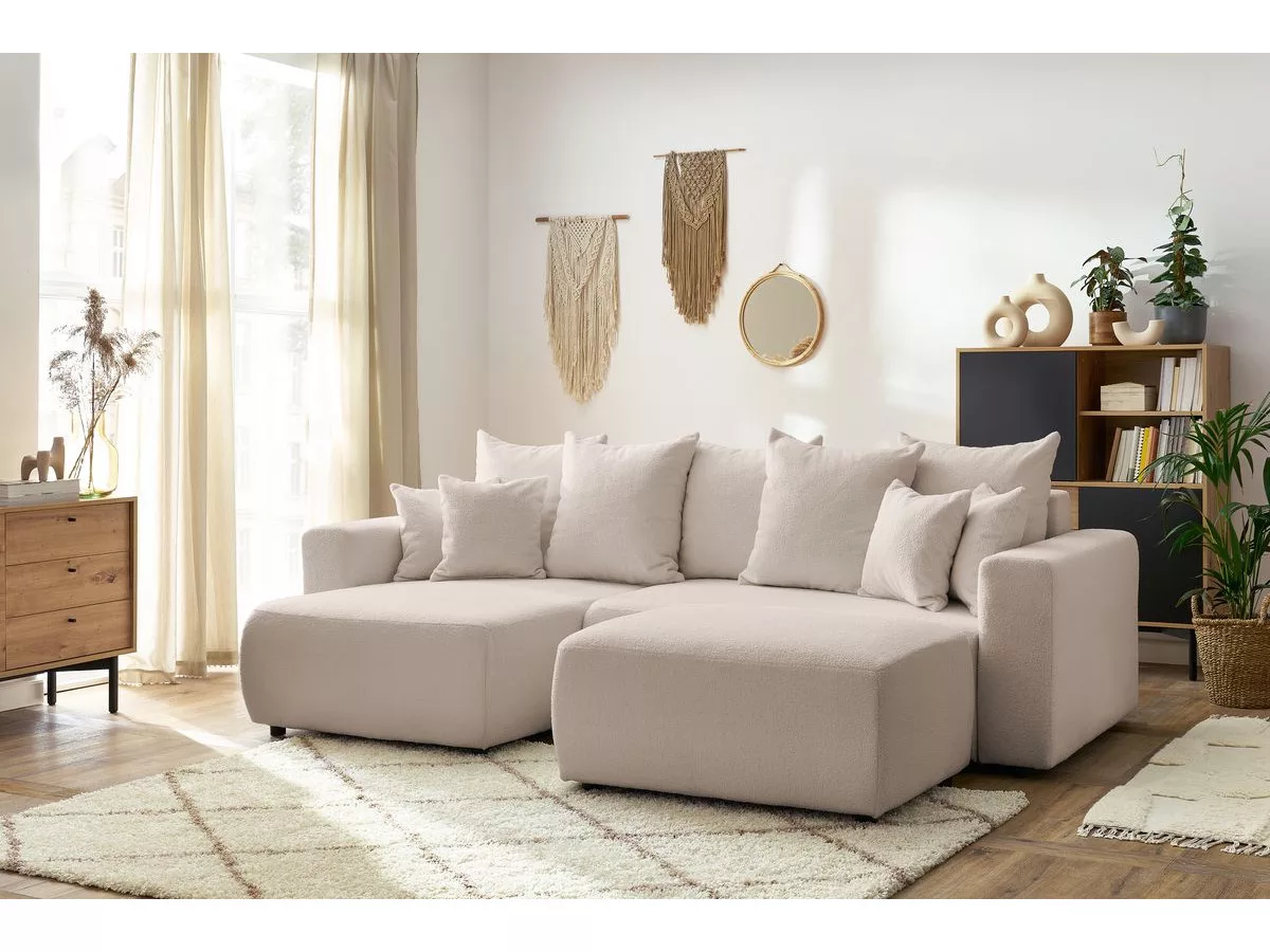 Canapé d'angle réversible convertible coffre ENVY tissu bouclette doux avec pouf