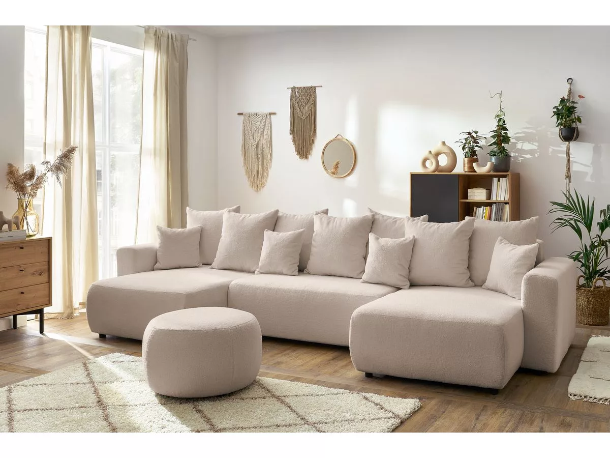 Canapé panoramique convertible coffre ENVY tissu bouclette avec pouf rond panoramique