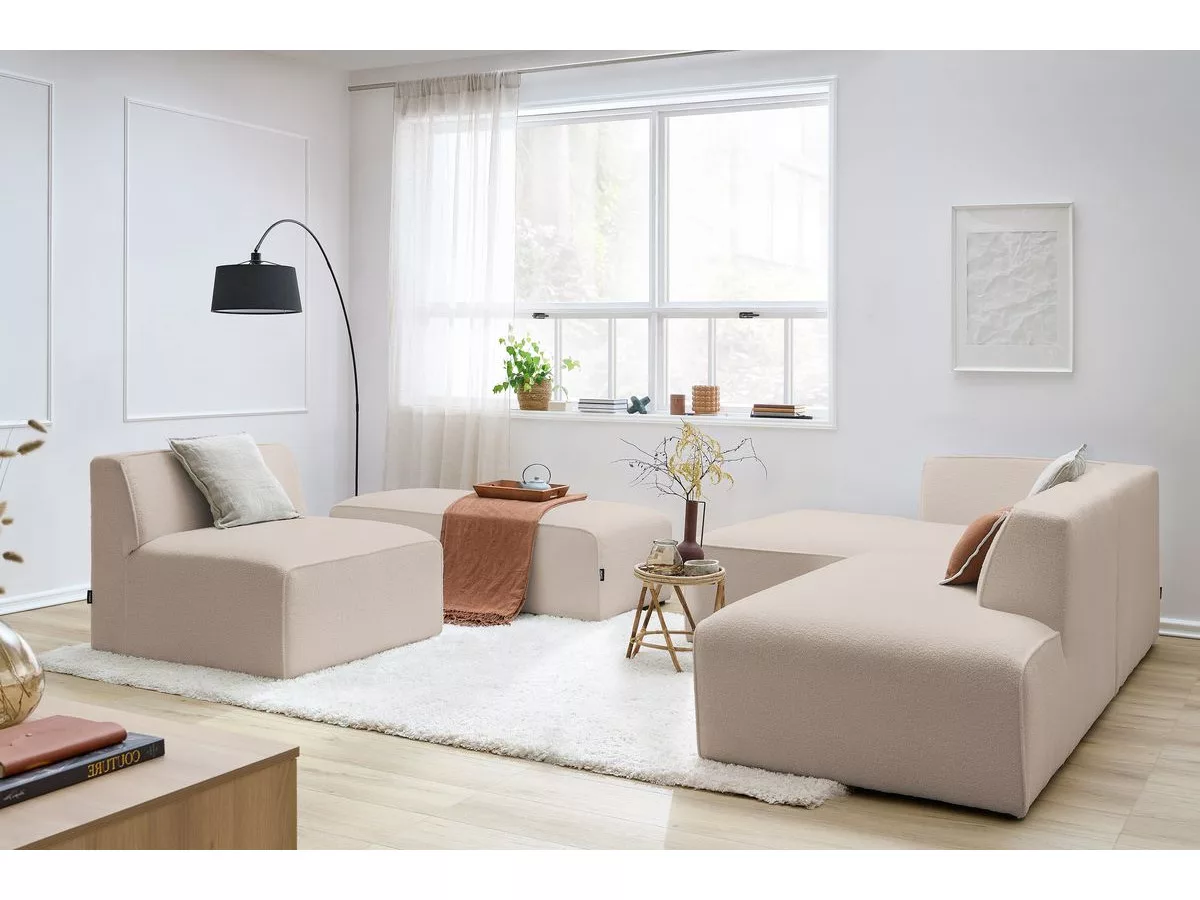 Canapé d'angle fixe modulable MEGEVE tissu bouclette avec 1 chauffeuse et 1 pouf angle