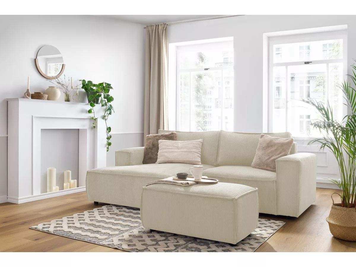 Canapé d'angle fixe compact NIHAD velours côtelé avec pouf angle BOBOCHIC 3 places