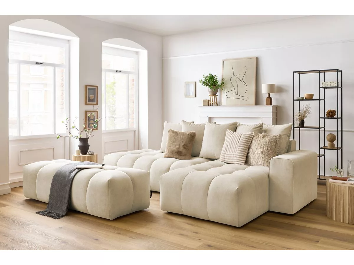 Canapé d'angle fixe MONT-BLANC velours avec pouf angle BOBOCHIC 4 places