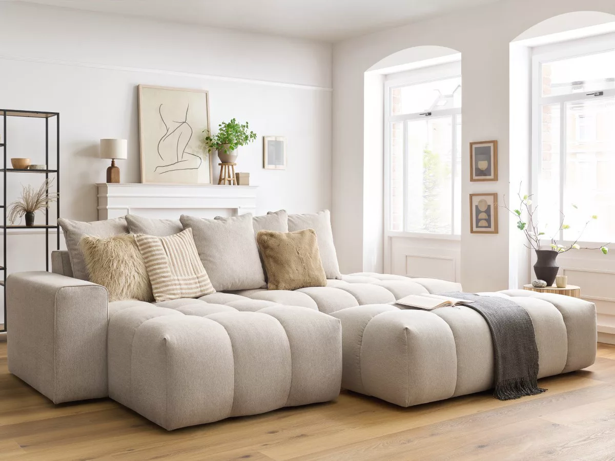 Canapé d'angle fixe MONT-BLANC tissu avec pouf angle BOBOCHIC 4 places