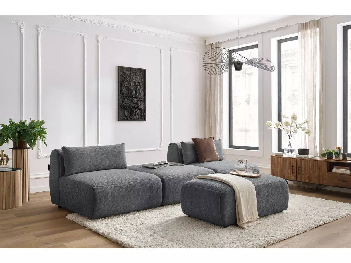 Canapé fixe 3 places JEANNE avec pouf tissu texturé BOBOCHIC 4 places
