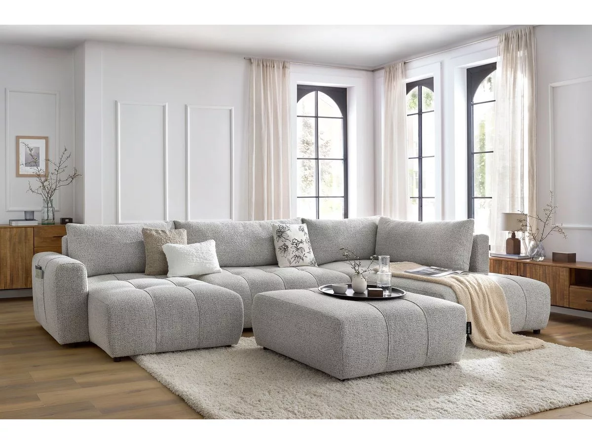 Canapé panoramique convertible coffre ARSENE avec pouf angle BOBOCHIC 6 places
