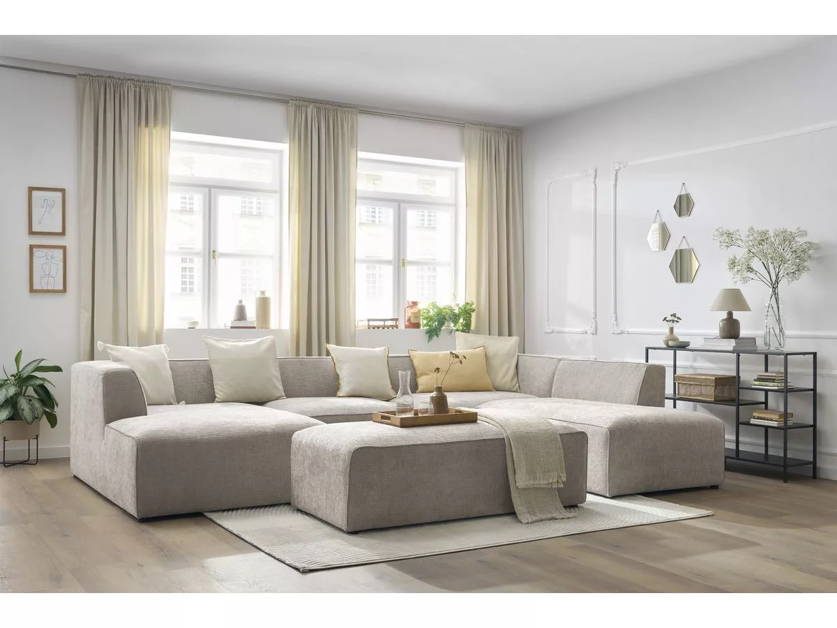 Canapé panoramique fixe MEGEVE avec pouf tissu texturé angle BOBOCHIC 6 places