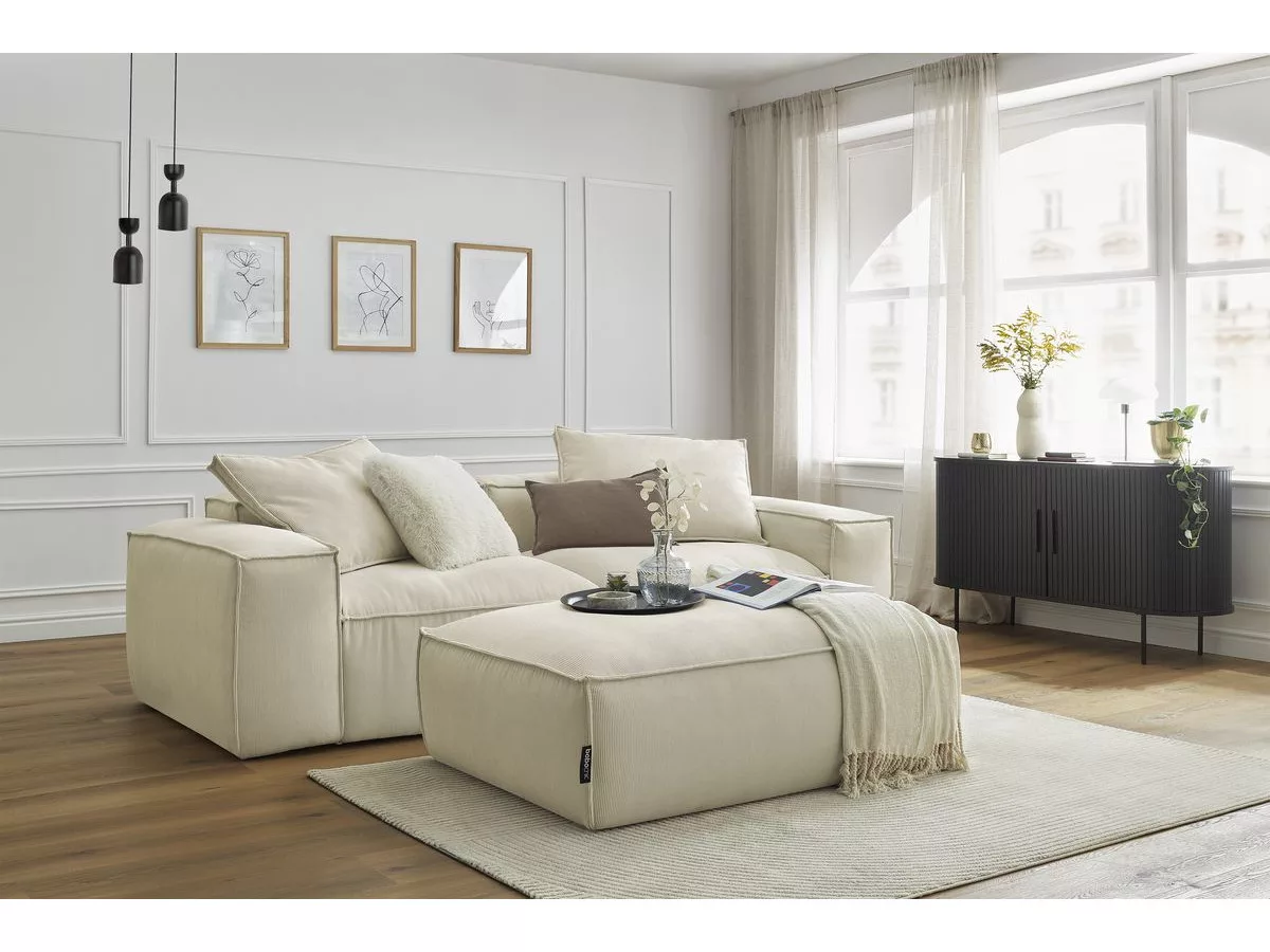 Canapé fixe 3 places ultra moelleux BOHEME velours côtelé avec pouf BOBOCHIC