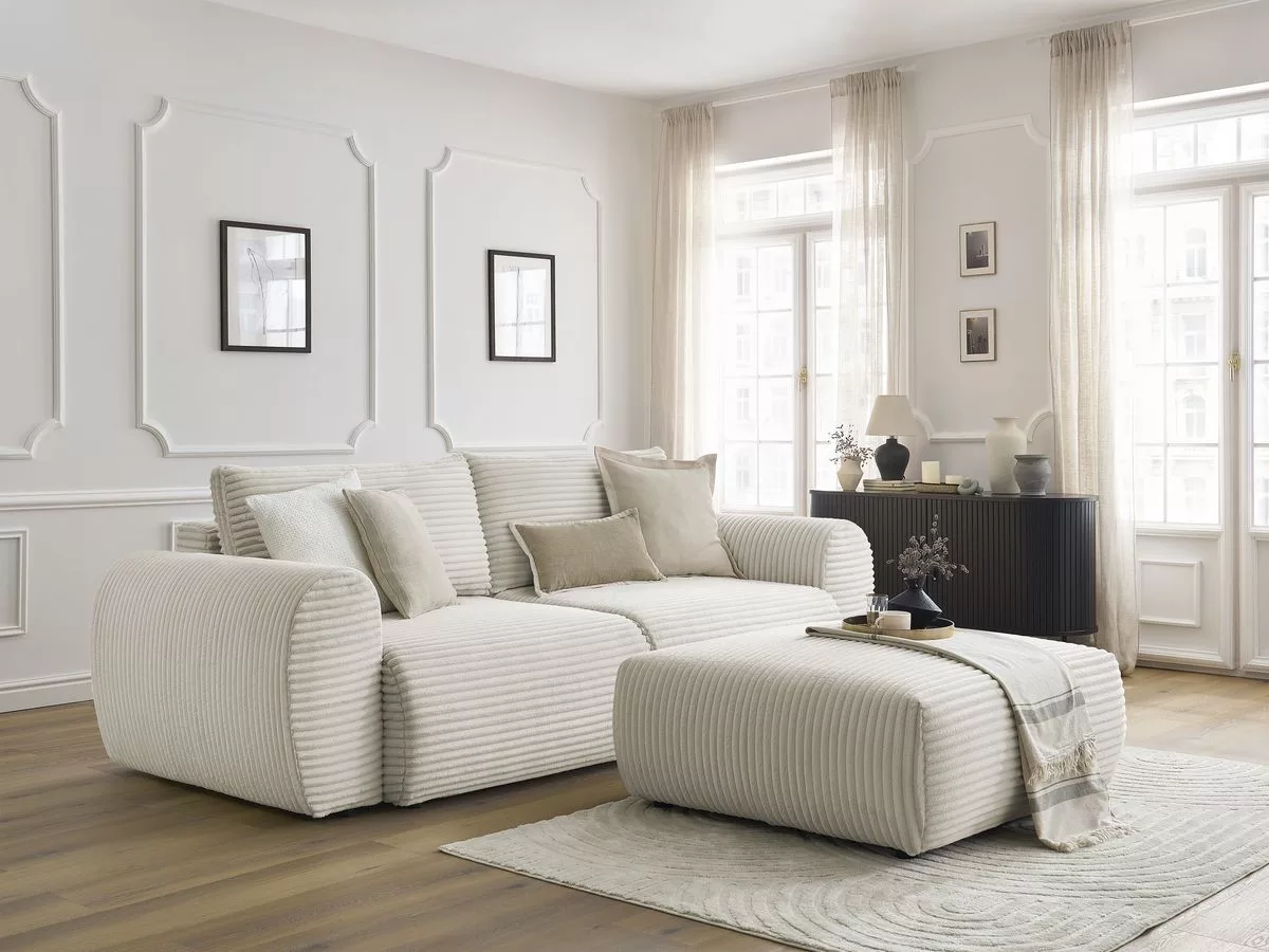 Canapé convertible coffre LUCIEN gros côtelé doux avec pouf BOBOCHIC 4 places