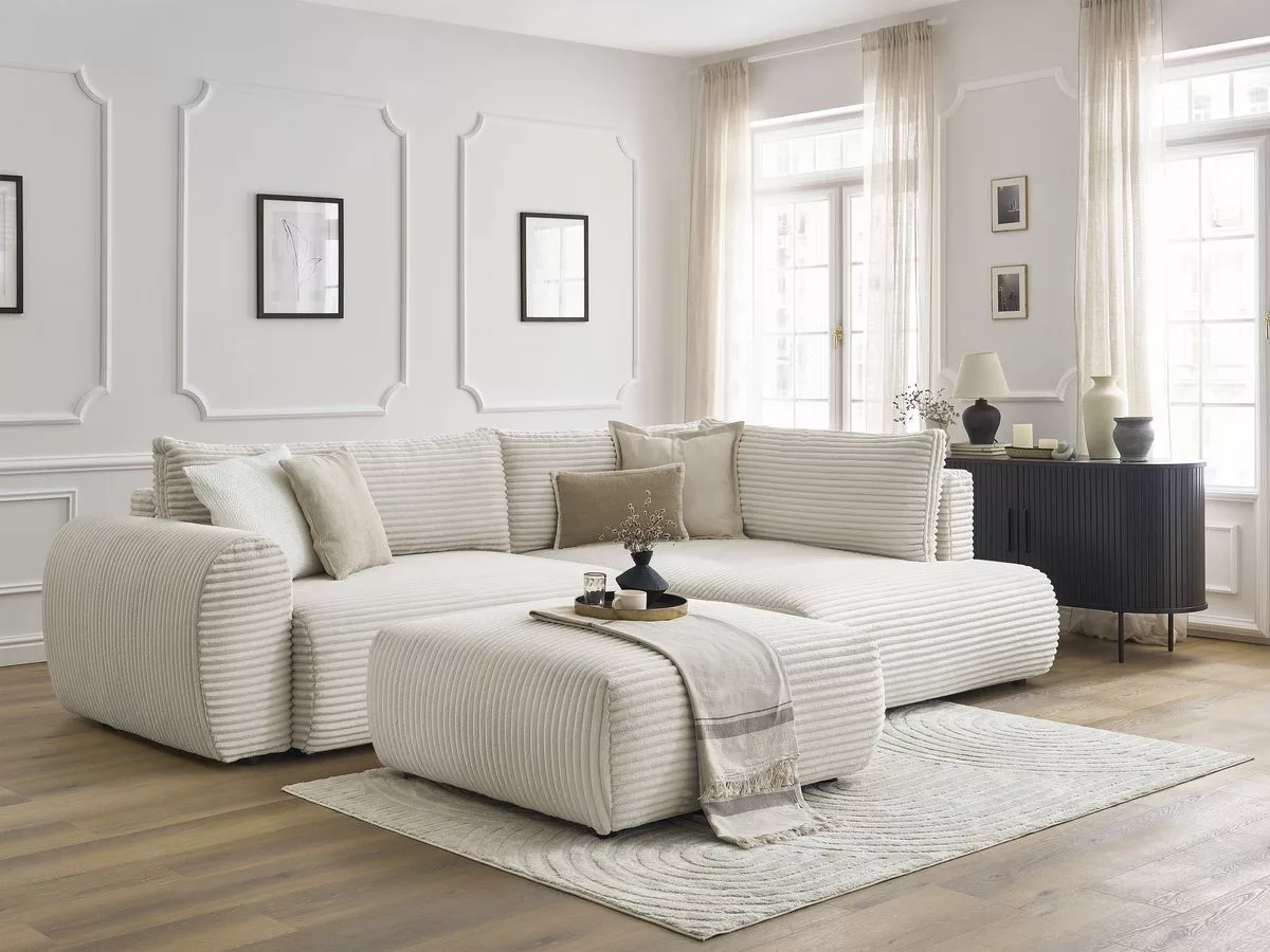 Canapé d'angle L convertible coffre LUCIEN gros côtelé doux avec pouf angle BOBOCHIC 4