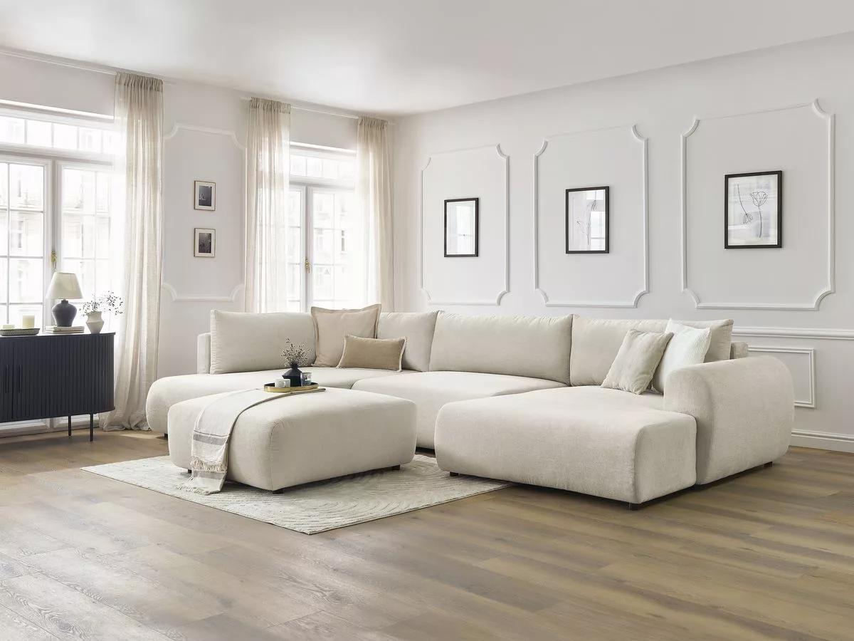 Canapé panoramique convertible coffre LUCIEN tissu lisse avec pouf angle BOBOCHIC 6 places