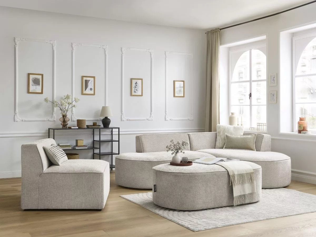 Canapé d'angle fixe modulable ROUSSEAU tissu texturé avec 1 chauffeuse et 1 pouf angle