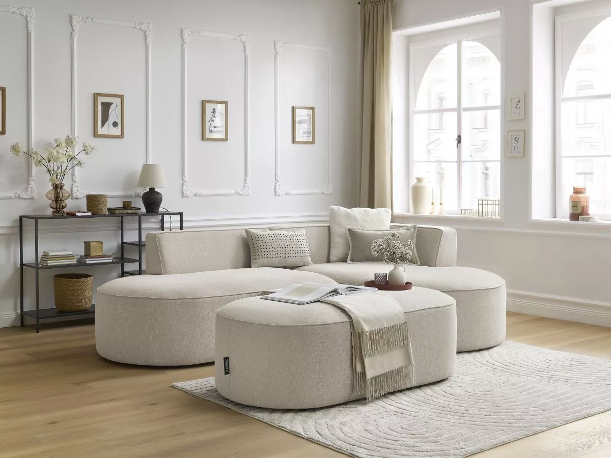 Canapé d'angle fixe ROUSSEAU tissu avec pouf angle BOBOCHIC 5 places