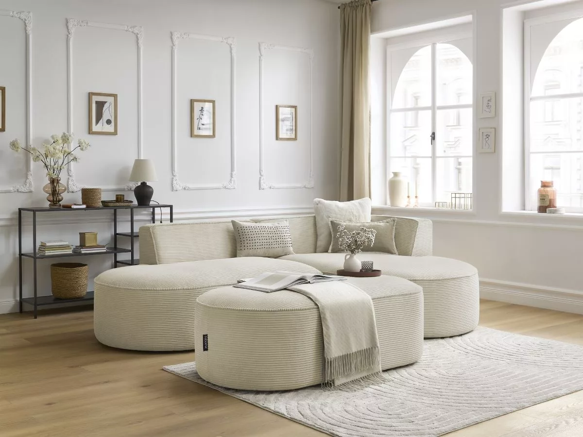 Canapé d'angle fixe ROUSSEAU velours côtelé avec pouf angle BOBOCHIC 5 places