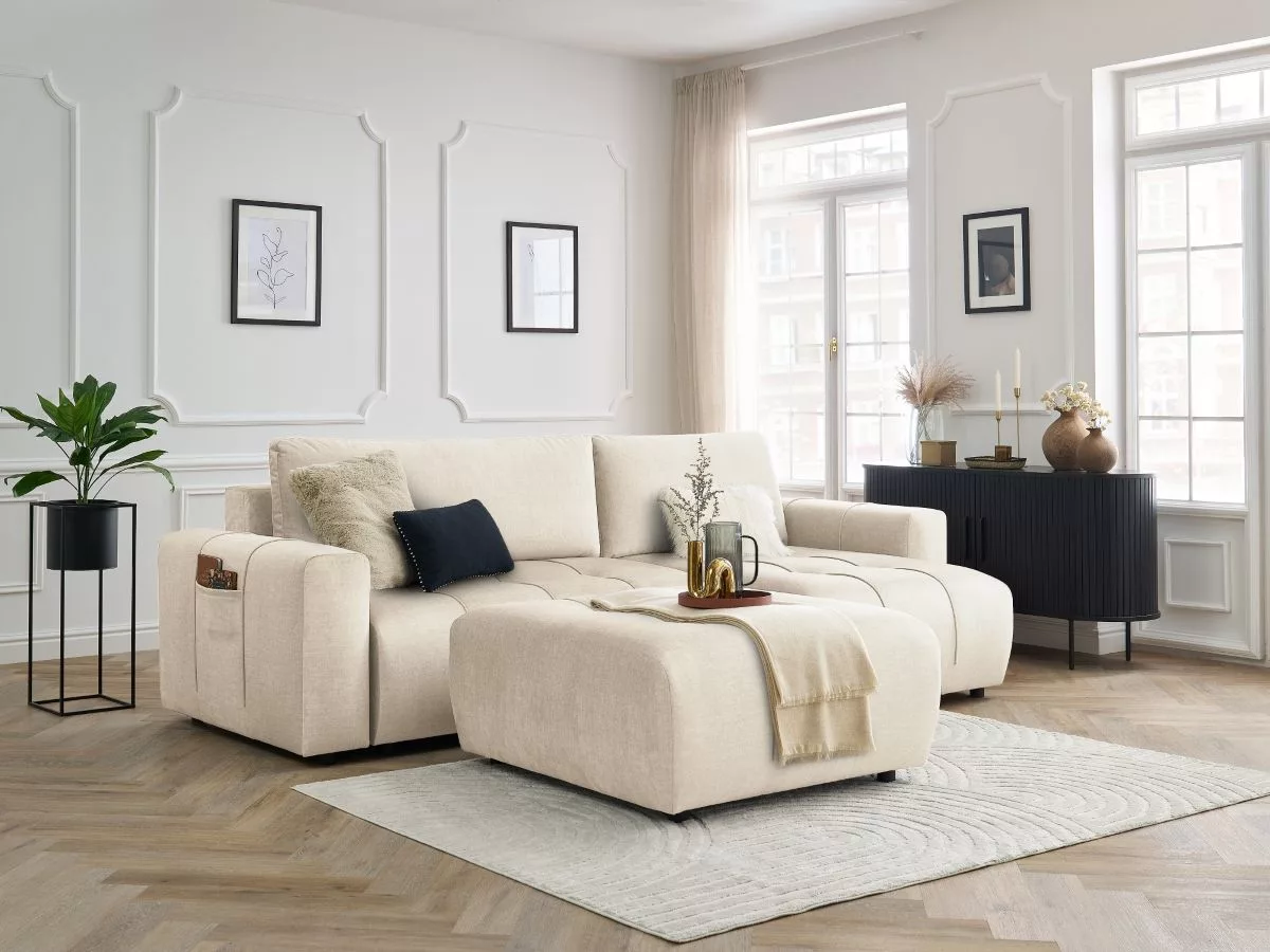 Canapé d'angle réversible convertible coffre ARSENE tissu velours avec pouf BOBOCHIC 4