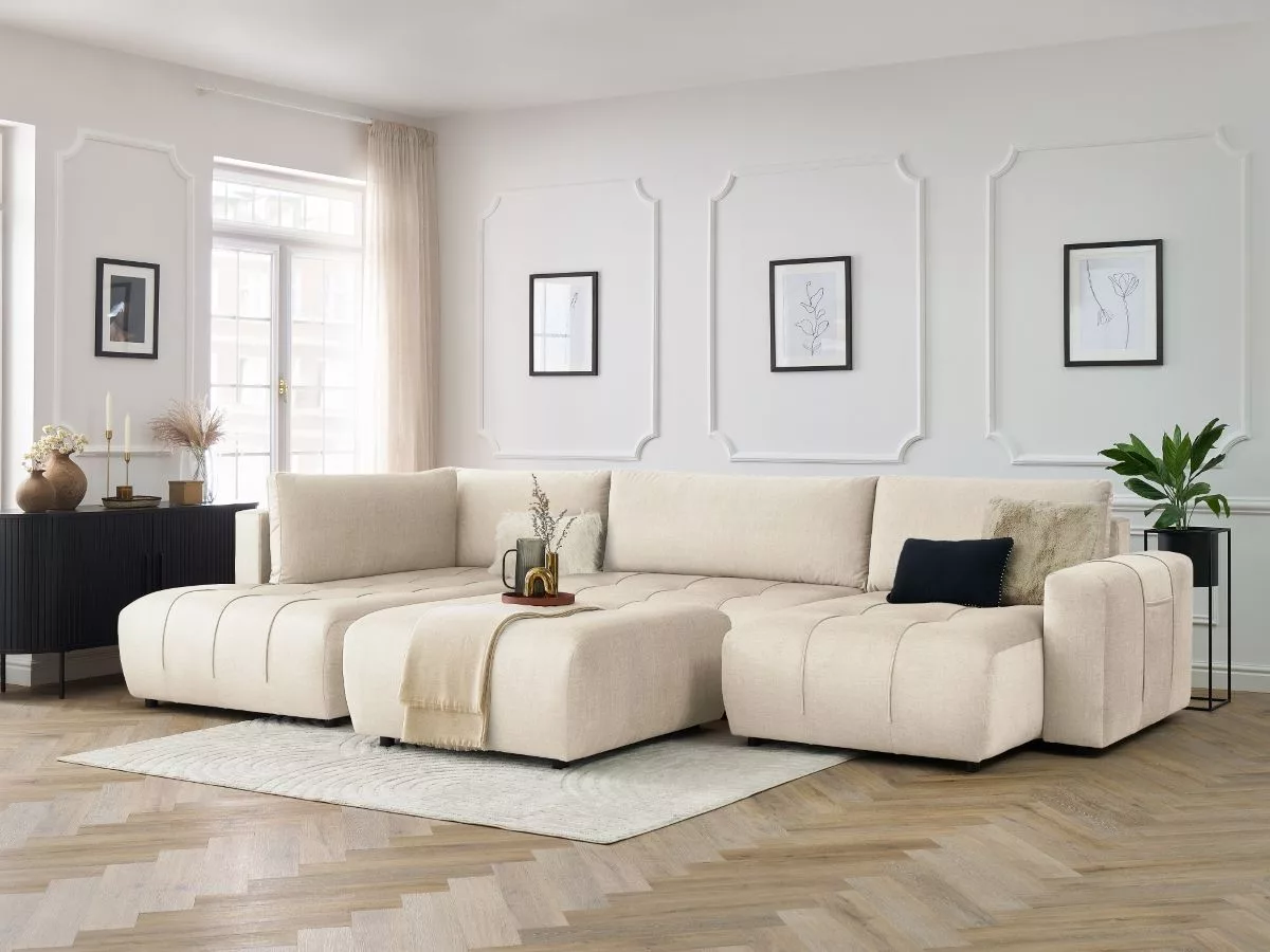 Canapé panoramique convertible coffre ARSENE tissu velours avec pouf angle BOBOCHIC 6