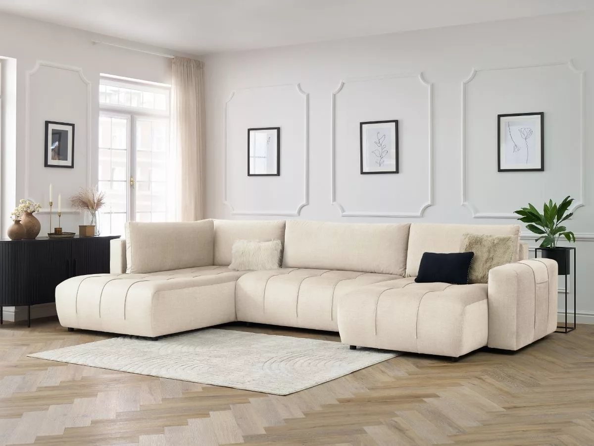 Canapé panoramique convertible coffre ARSENE tissu velours angle BOBOCHIC 5 places