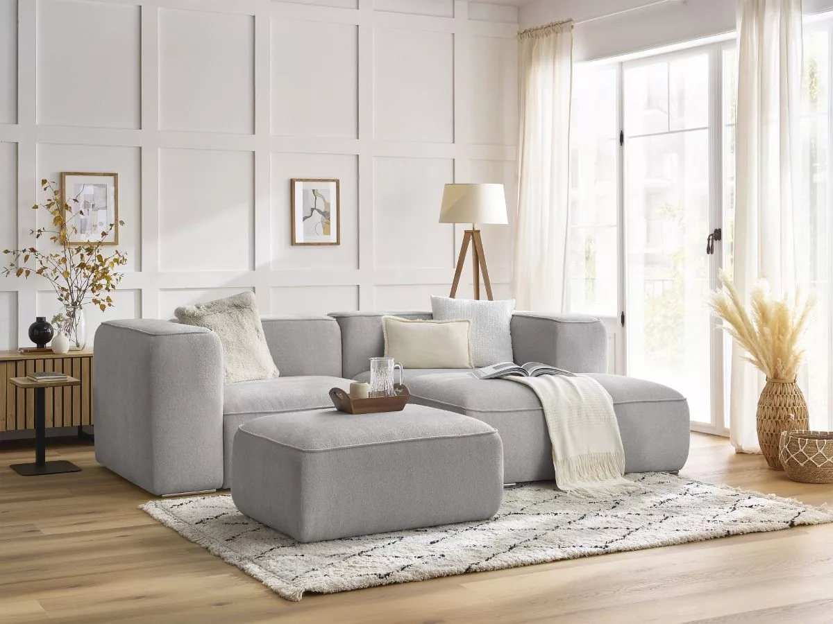 Canapé d'angle fixe compact ZEPHYR avec pouf angle BOBOCHIC