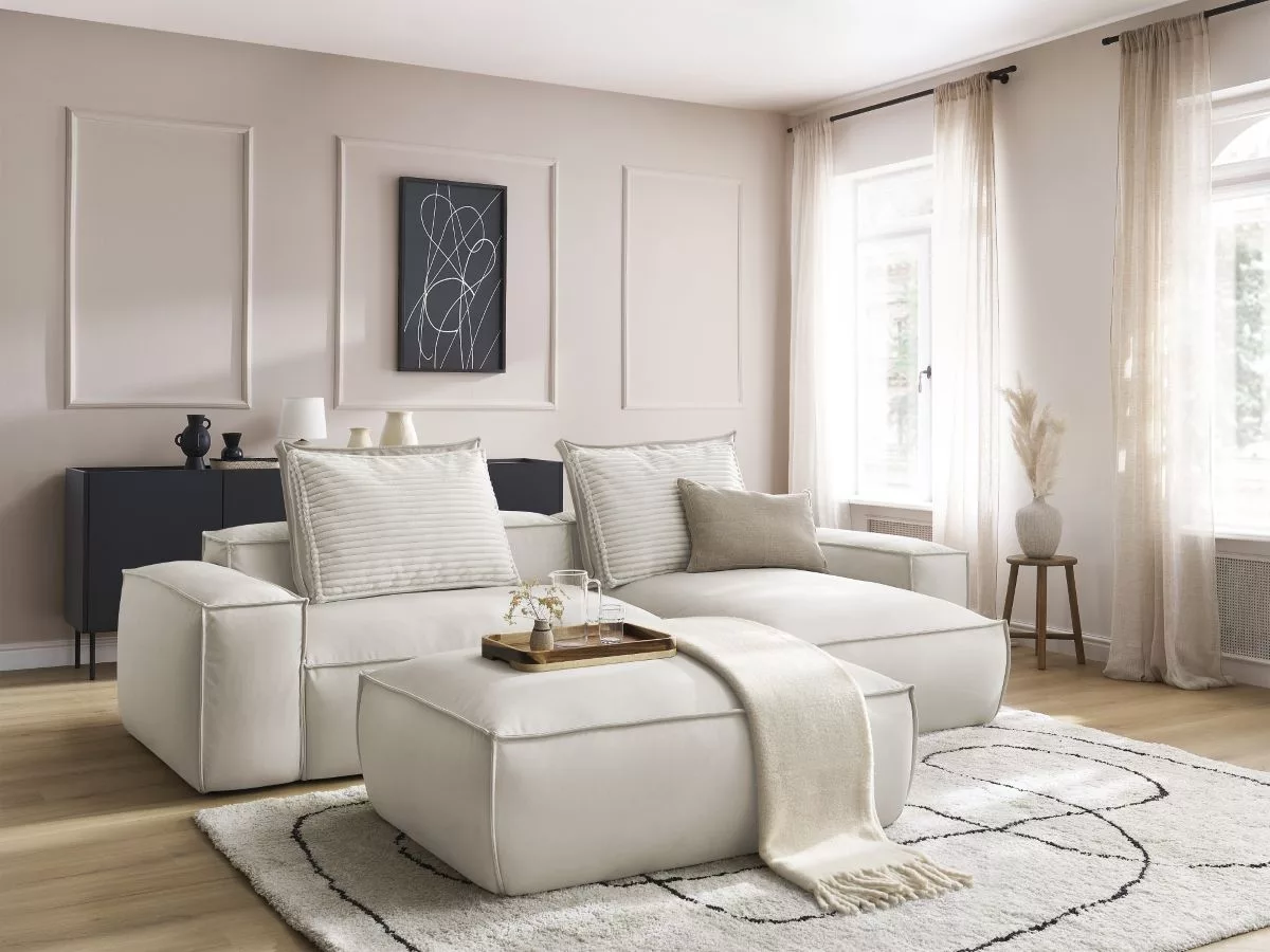 Canapé d'angle réversible ultra moelleux BOHEME cuir végan avec pouf BOBOCHIC 4 places