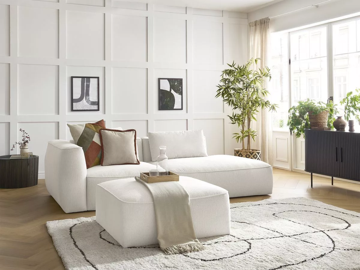 Canapé fixe 3 places LEOPOLD tissu avec pouf accoudoir BOBOCHIC