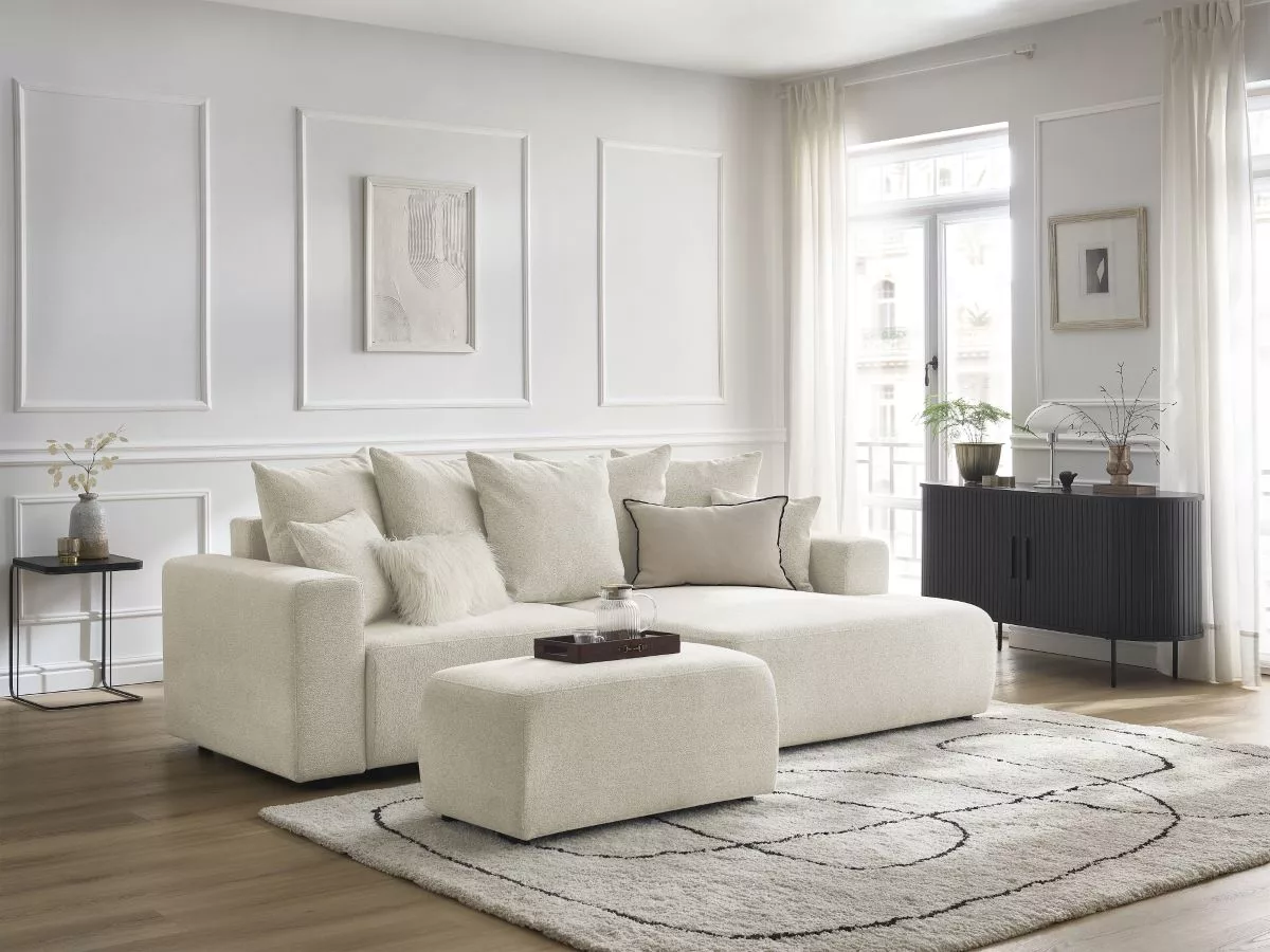 Canapé d'angle convertible coffre ATILLA tissu avec pouf angle BOBOCHIC 5 places