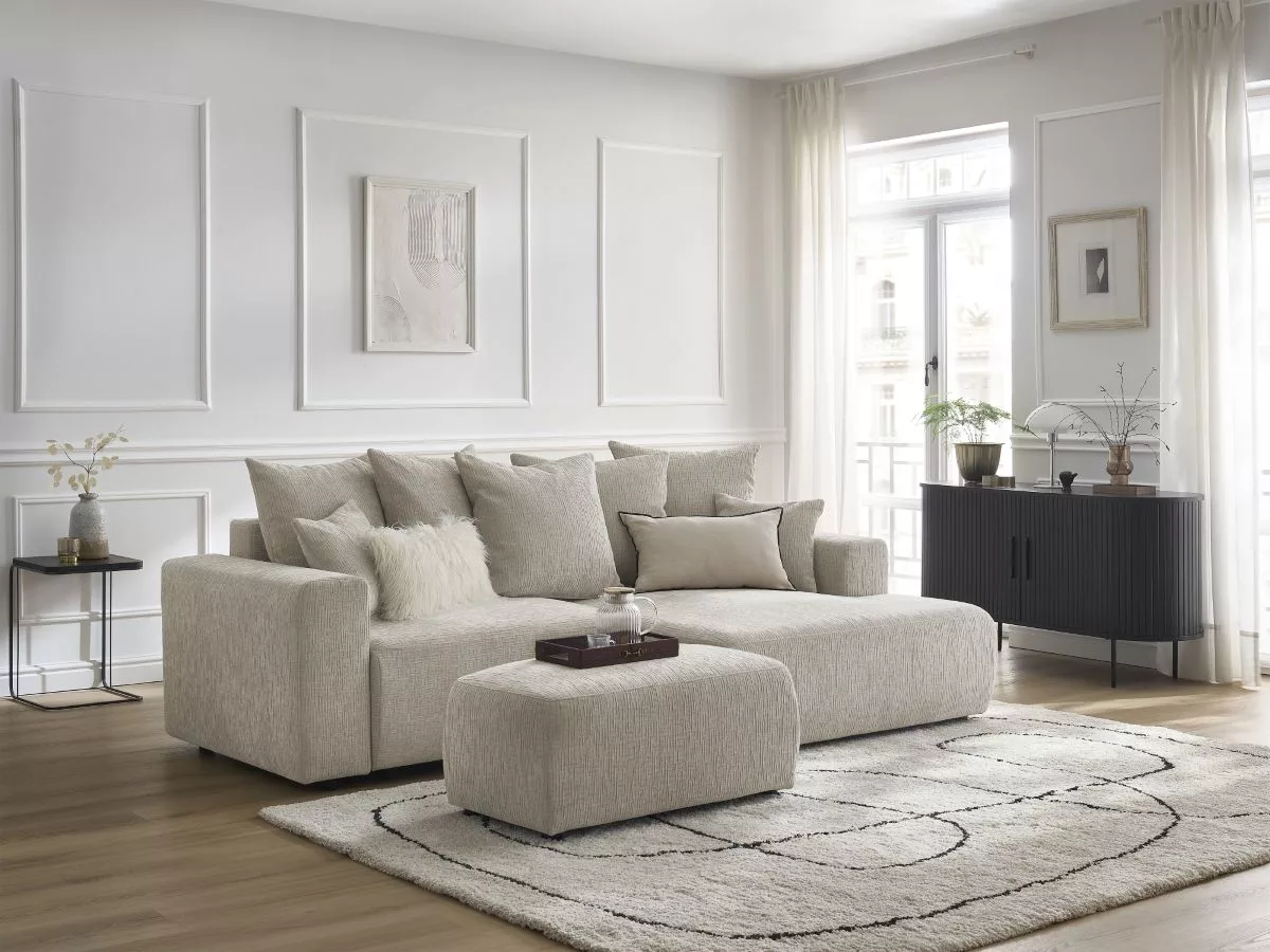 Canapé d'angle convertible coffre ATILLA tissu texturé avec pouf angle BOBOCHIC 5 places
