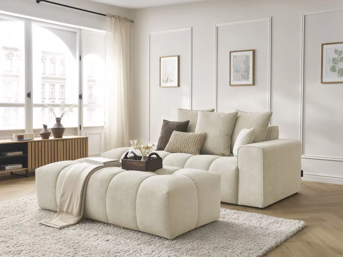 Canapé fixe MONT-BLANC velours avec pouf accoudoir BOBOCHIC 5 places