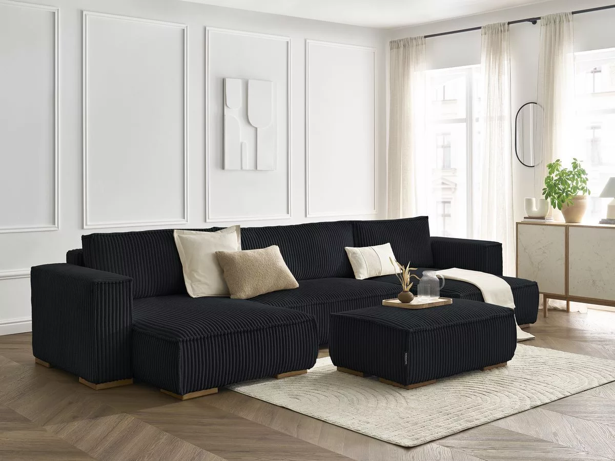 Canapé panoramique convertible coffre CHELSEA gros côtelé doux avec pouf BOBOCHIC